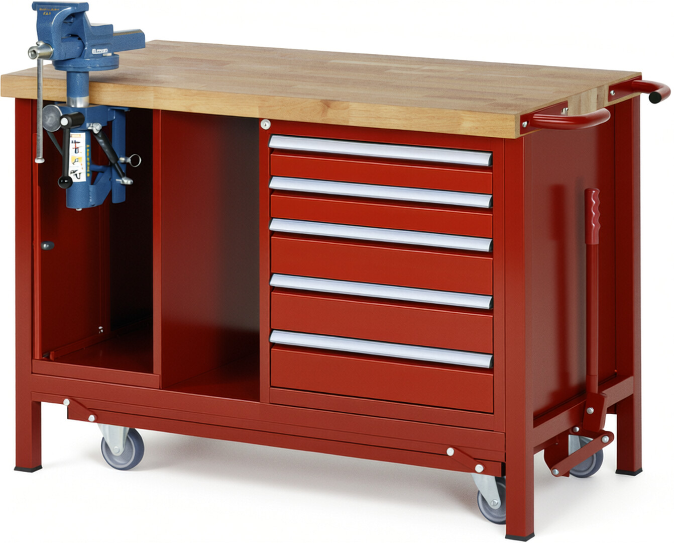 Absenkbare Werkbank Modell 8187 rot, BxTxH 1250x700x880 mm,  Buche-Massiv Arbeitsplatte 40 mm,  5 Schubladen mit  Vollauszug 100 % und  SoftClosing