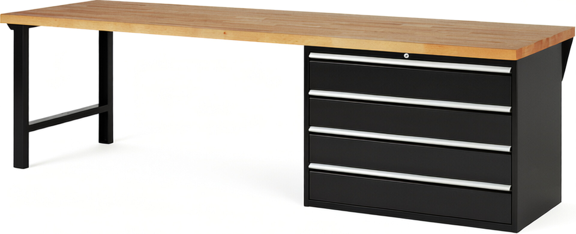 Werkbank Modell 7709 schwarz, BxTxH 3000x900x890 mm,  Buche-Massiv Arbeitsplatte 40 mm,  4 Schubladen mit  Auszug 90 %