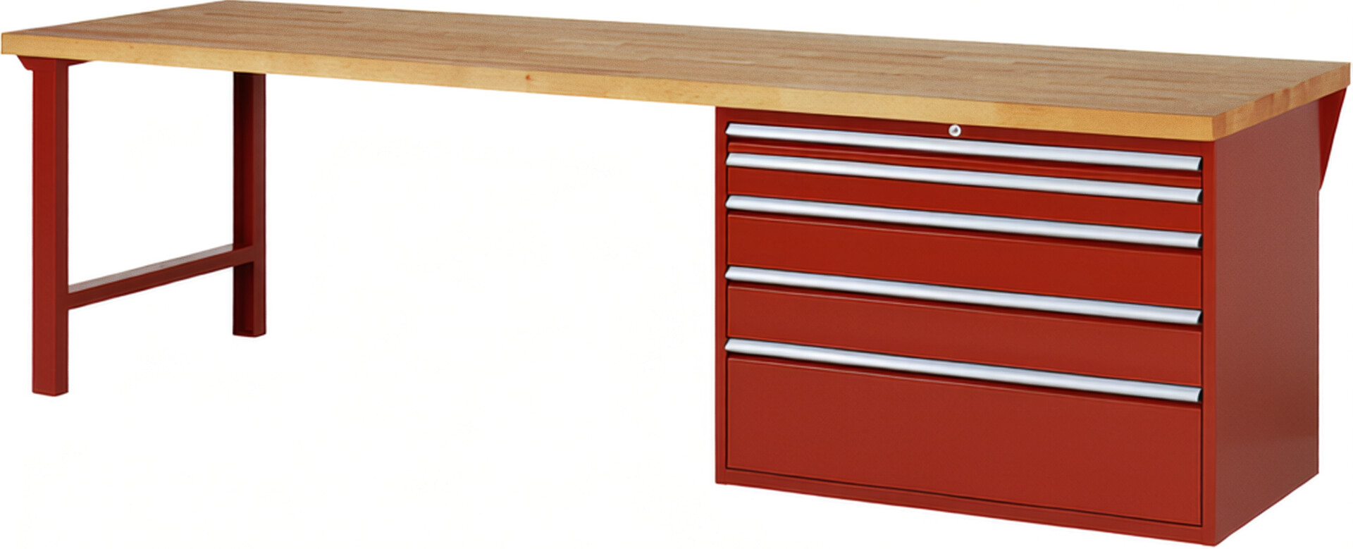 Werkbank Modell 7711 rot, BxTxH 3000x900x890 mm,  Buche-Massiv Arbeitsplatte 40 mm,  5 Schubladen mit  Auszug 90 %