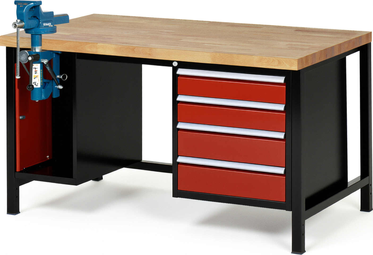 RAU Werkbank schwarz - rot - Breite 150 cm - Tiefe 90 cm - Höhe 104 cm - Buche-Massiv Arbeitsplatte 40 mm