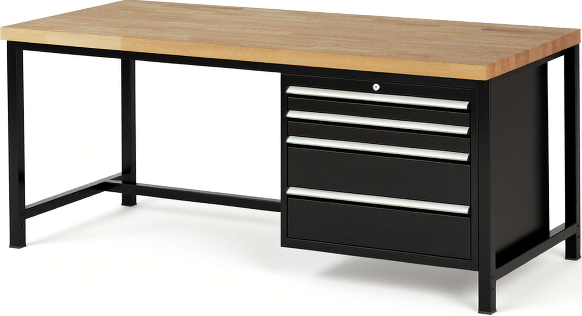 Werkbank Modell 8261 schwarz, BxTxH 2000x900x840-1040 mm,  Buche-Massiv Arbeitsplatte 40 mm,  4 Schubladen mit  Auszug 90 %