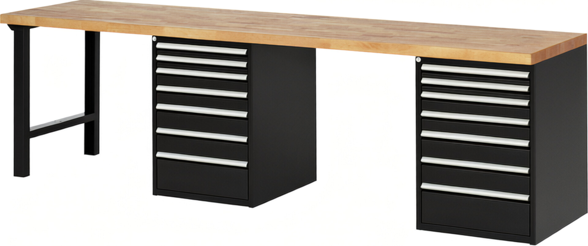 Werkbank Modell 7517 schwarz, BxTxH 3000x700x840 mm,  Buche-Massiv Arbeitsplatte 40 mm,  14 Schubladen mit  Auszug 90 %