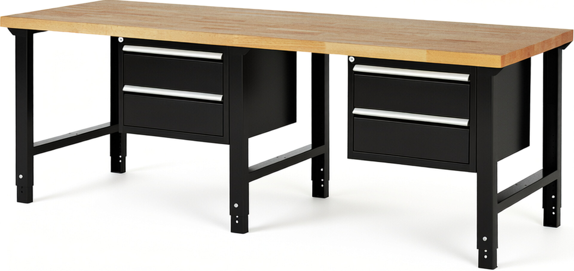 Werkbank Modell 7125 schwarz, BxTxH 2500x900x790-1140 mm,  Buche-Massiv Arbeitsplatte 40 mm,  4 Schubladen mit  Vollauszug 100 % und  SoftClosing