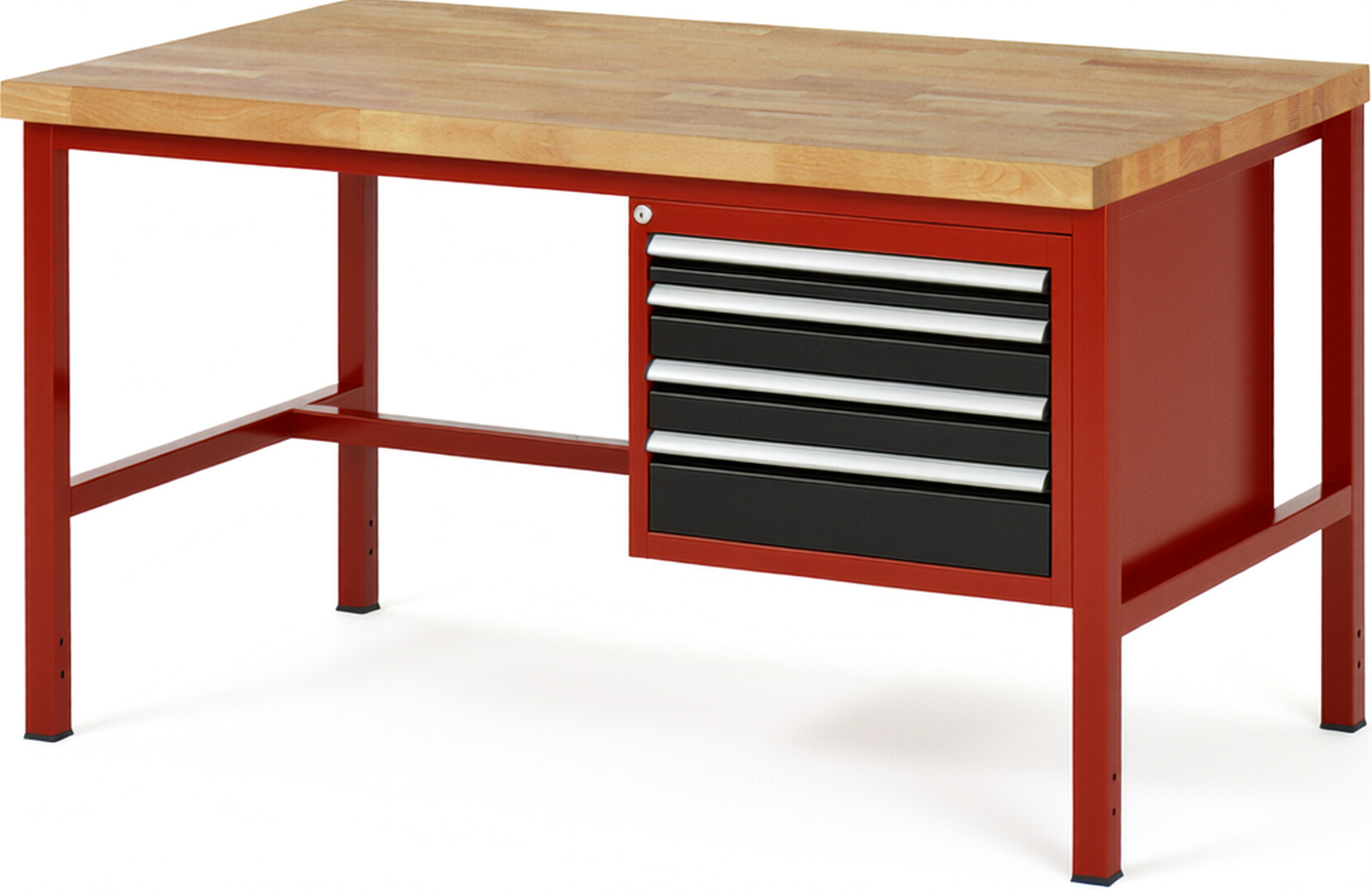 Werkbank Modell 8132 rot - schwarz, BxTxH 1500x900x840 mm,  Buche-Massiv Arbeitsplatte 40 mm,  4 Schubladen mit  Auszug 90 %