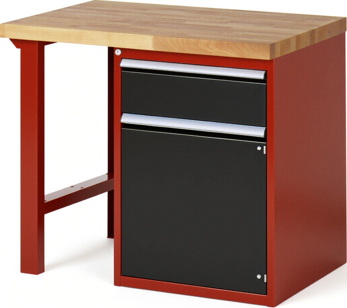 Werkbank Modell 7501 rot - schwarz, BxTxH 1000x700x890 mm,  Buche-Massiv Arbeitsplatte 40 mm,  1 Schublade mit  Auszug 90 %