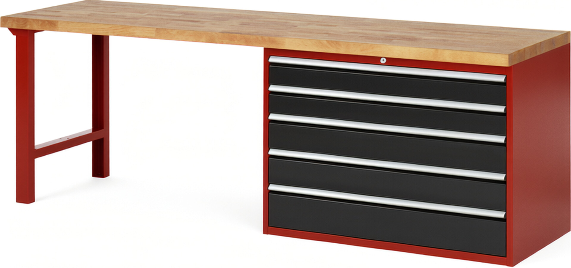 Werkbank Modell 7713 rot - schwarz, BxTxH 2500x700x840 mm,  Buche-Massiv Arbeitsplatte 40 mm,  5 Schubladen mit  Vollauszug 100 % und  SoftClosing