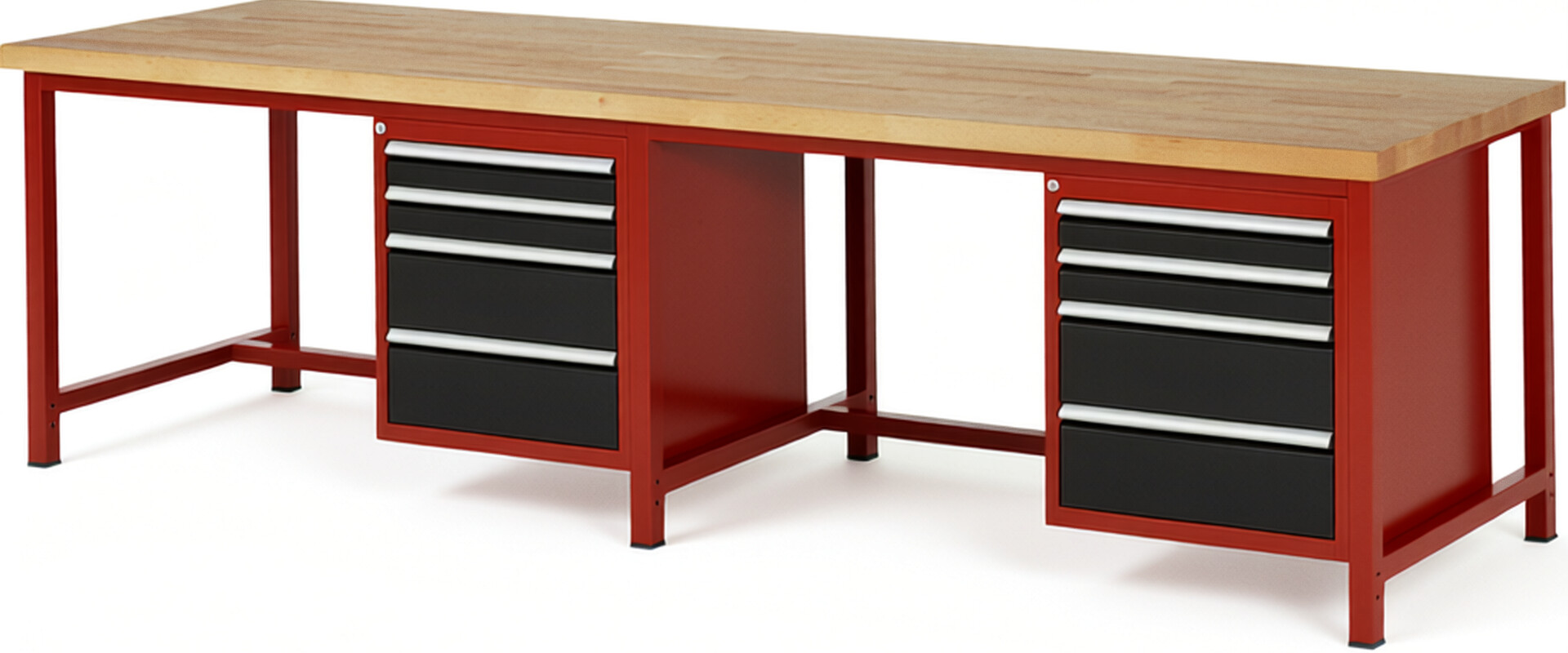 Werkbank Modell 8161 rot - schwarz, BxTxH 3000x900x840 mm,  Buche-Massiv Arbeitsplatte 40 mm,  8 Schubladen mit  Vollauszug 100 % und  SoftClosing