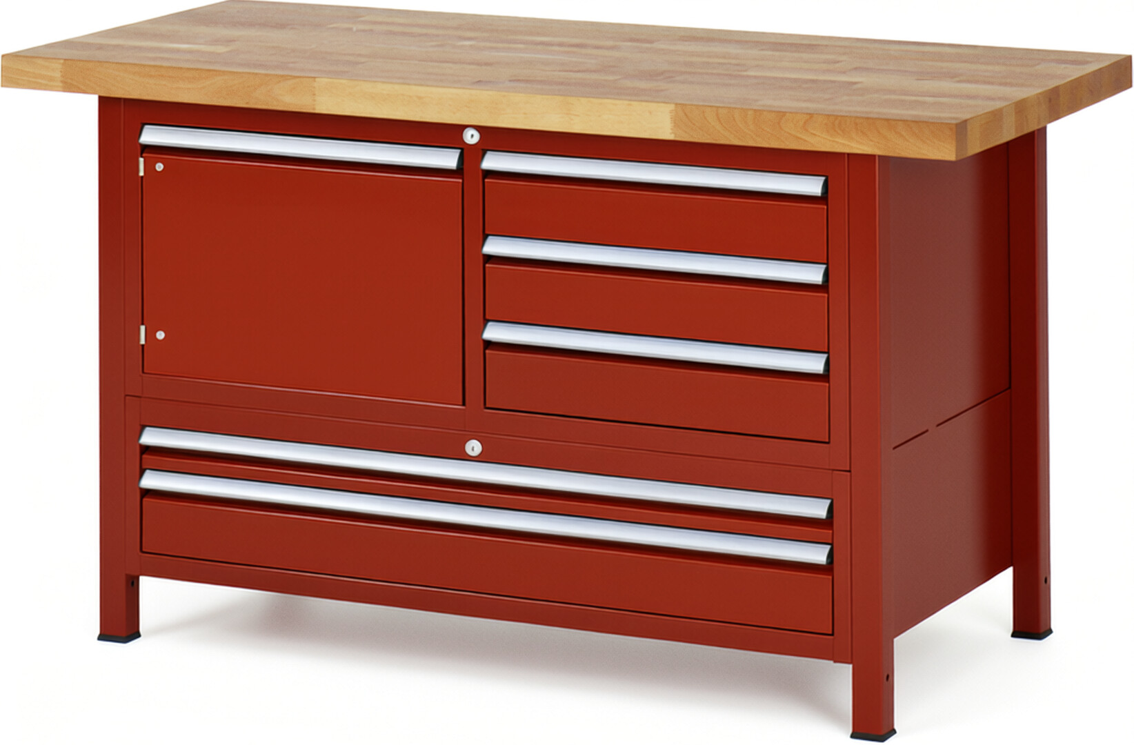 Werkbank Modell 8932 rot, BxTxH 1500x700x840 mm,  Buche-Massiv Arbeitsplatte 40 mm,  5 Schubladen mit  Auszug 90 %