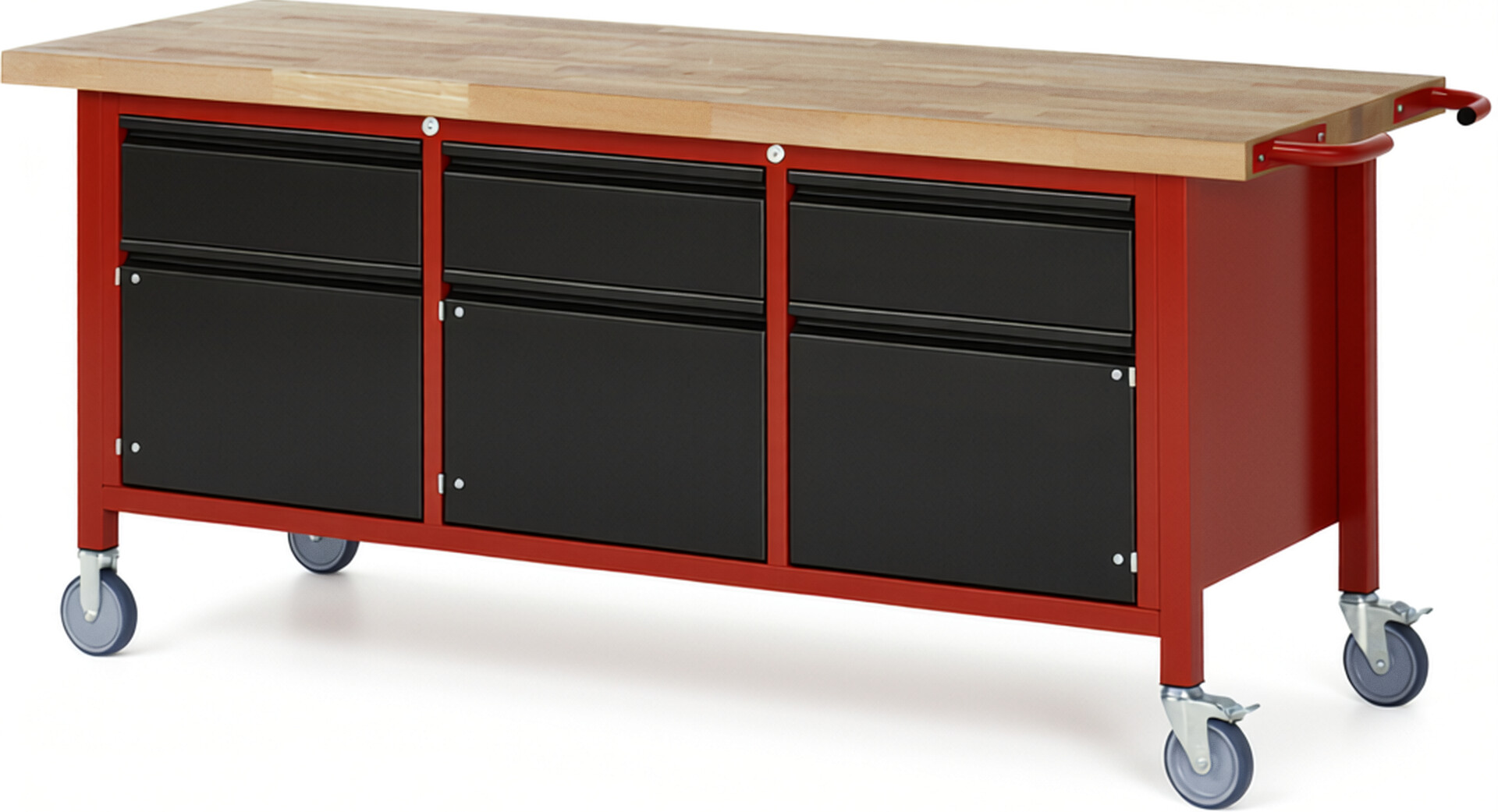 Fahrbare Werkbank - Modell 8567 BASIC rot - schwarz, BxTxH 2000x700x880 mm,  Buche-Massiv Arbeitsplatte 40 mm,  3 Schubladen mit  Auszug 90 %