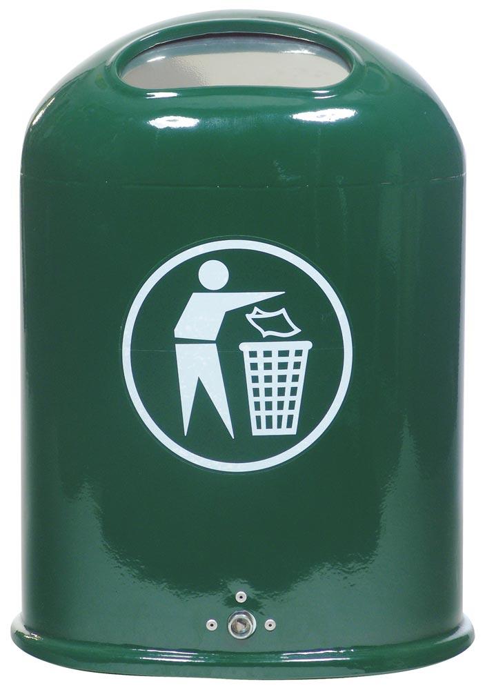 Ovaler Abfallbehälter mit Federklappe - mit Aufkleber - Pfosten-/Wandmontage - 45l - moosgrün
