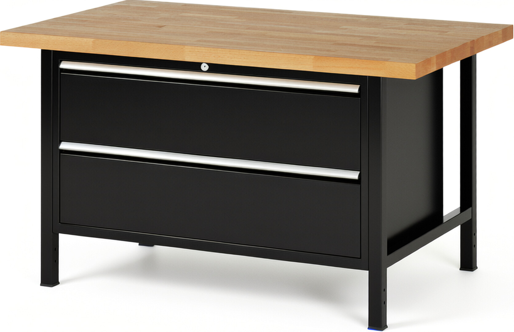 Werkbank Modell 8355 schwarz, BxTxH 1500x900x840-1040 mm,  Buche-Massiv Arbeitsplatte 40 mm,  2 Schubladen mit  Auszug 90 %