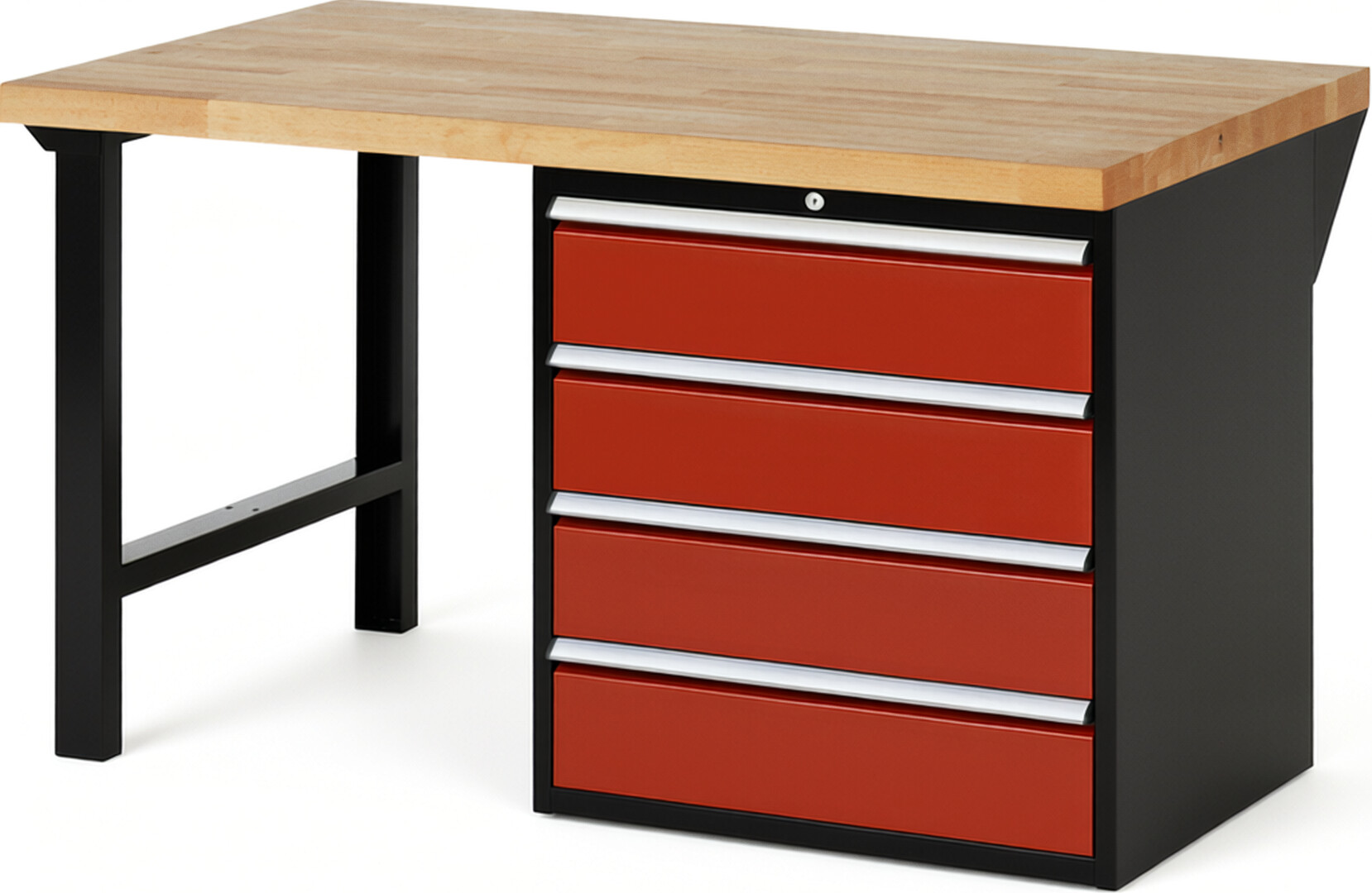 RAU Werkbank schwarz - rot - Breite 150 cm - Tiefe 90 cm - Höhe 89 cm - Buche-Massiv Arbeitsplatte 40 mm