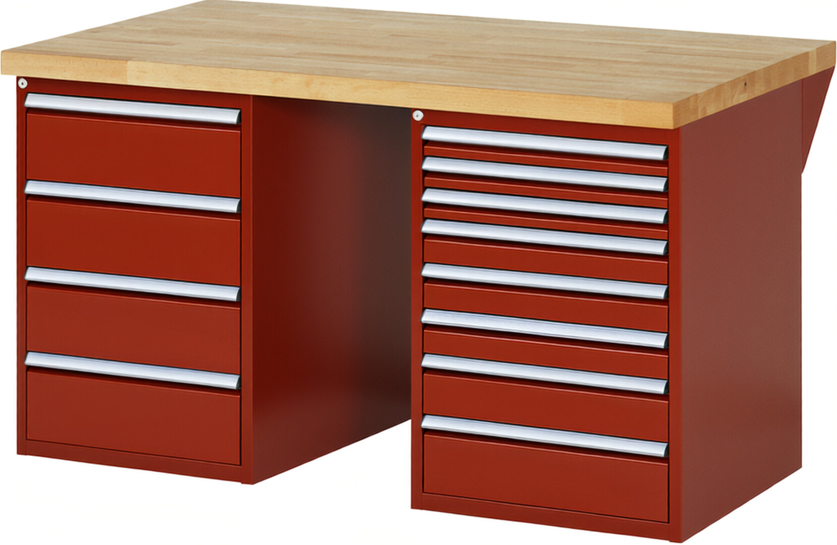 Werkbank Modell 7822 rot, BxTxH 1500x900x840 mm,  Buche-Massiv Arbeitsplatte 40 mm,  12 Schubladen mit  Vollauszug 100 % und  SoftClosing