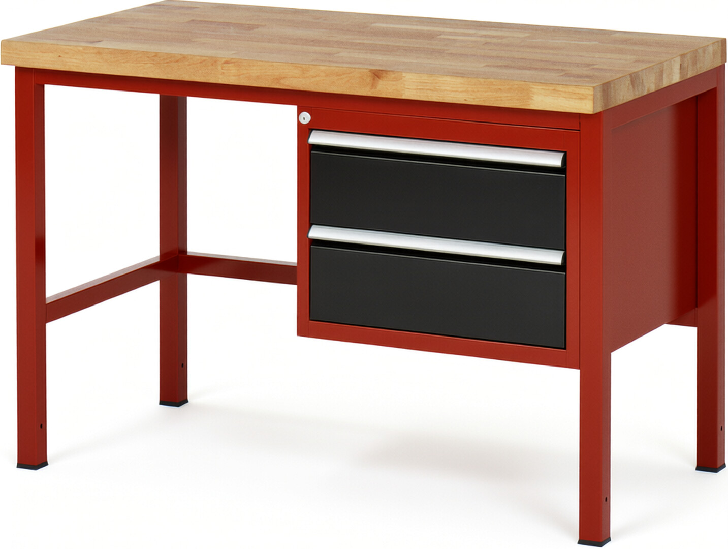 Werkbank Modell 8125 rot - schwarz, BxTxH 1250x700x840-1040 mm,  Buche-Massiv Arbeitsplatte 40 mm,  2 Schubladen mit  Auszug 90 %