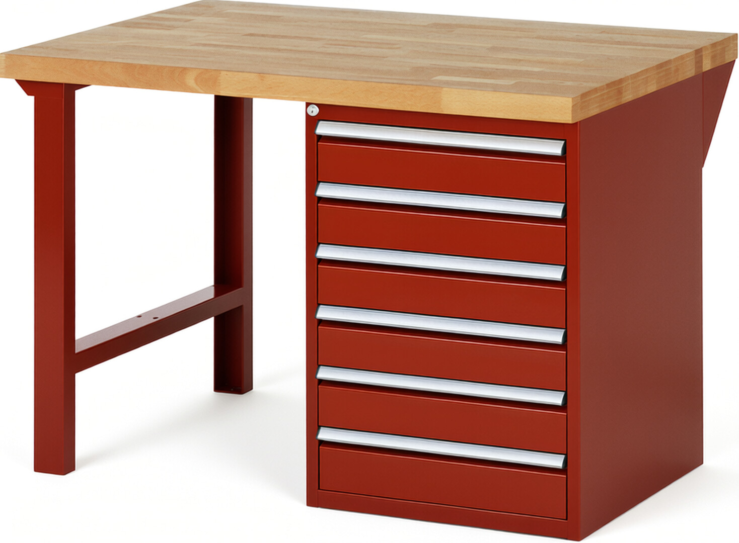 Werkbank Modell 7516 rot, BxTxH 1250x900x890 mm,  Buche-Massiv Arbeitsplatte 40 mm,  6 Schubladen mit  Vollauszug 100 % und  SoftClosing
