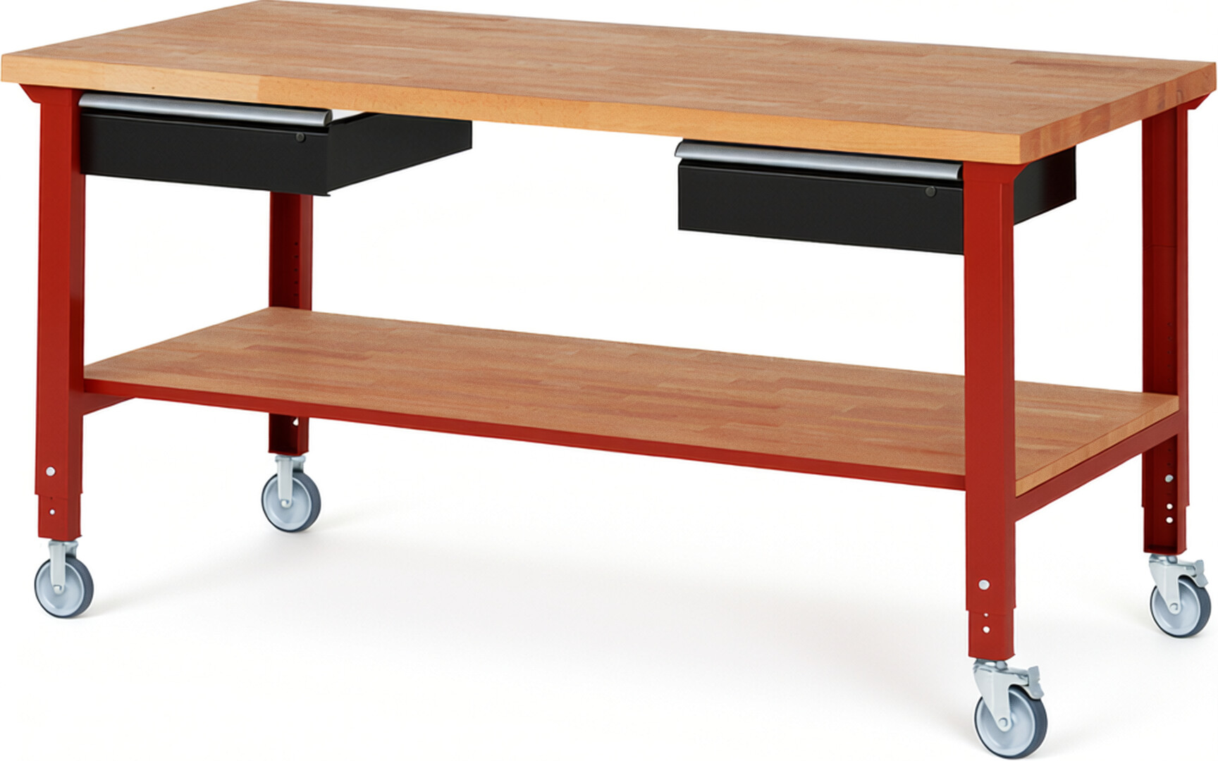 Fahrbare Werkbank Modell 7002 rot - schwarz, BxTxH 2000x900x950-1000 mm,  Buche-Massiv Arbeitsplatte 40 mm,  2 Schubladen mit  Auszug 90 %
