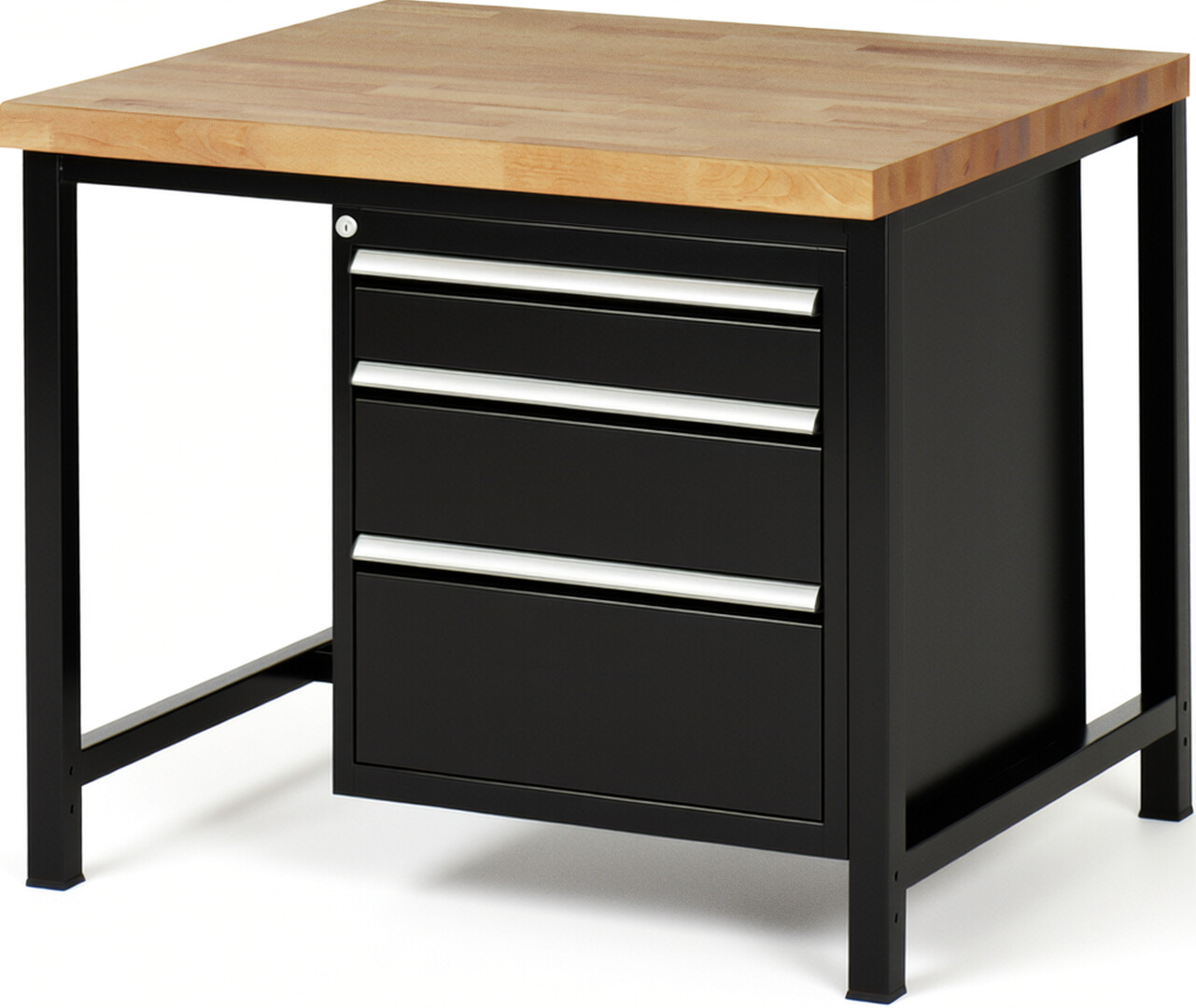 Werkbank Modell 8159 schwarz, BxTxH 1000x900x840-1040 mm,  Buche-Massiv Arbeitsplatte 40 mm,  3 Schubladen mit  Auszug 90 %