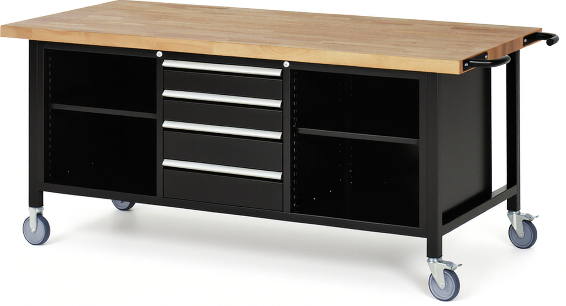 Fahrbare Werkbank Modell 8566 schwarz, BxTxH 2000x900x880-1080 mm,  Buche-Massiv Arbeitsplatte 40 mm,  4 Schubladen mit  Auszug 90 %