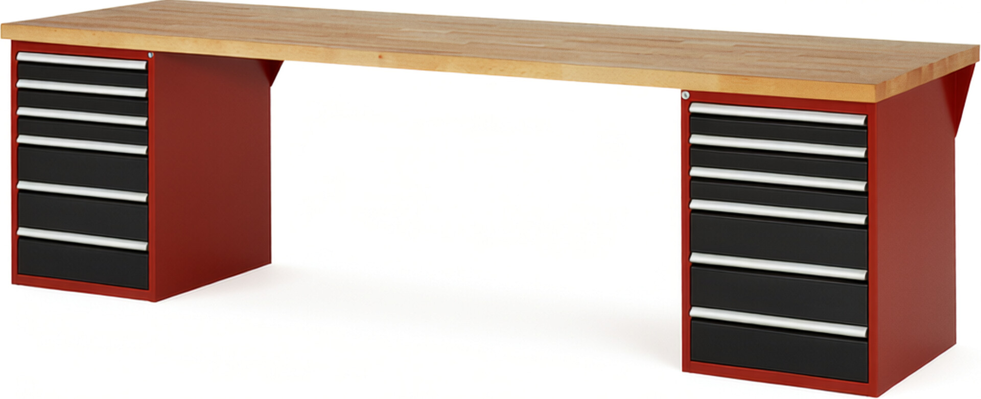 Werkbank Modell 7515 rot - schwarz, BxTxH 3000x900x890 mm,  Buche-Massiv Arbeitsplatte 40 mm,  12 Schubladen mit  Auszug 90 %