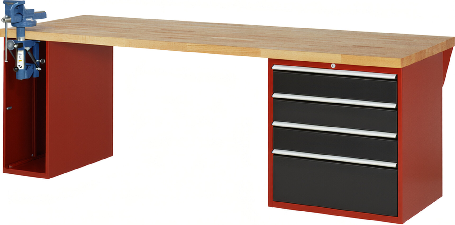 Werkbank Modell 7610 rot - schwarz, BxTxH 2500x900x840 mm,  Buche-Massiv Arbeitsplatte 40 mm,  4 Schubladen mit  Vollauszug 100 % und  SoftClosing