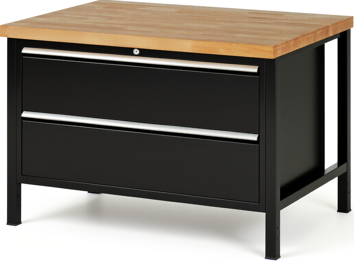 Werkbank Modell 8355 schwarz, BxTxH 1250x900x840 mm,  Buche-Massiv Arbeitsplatte 40 mm,  2 Schubladen mit  Auszug 90 %