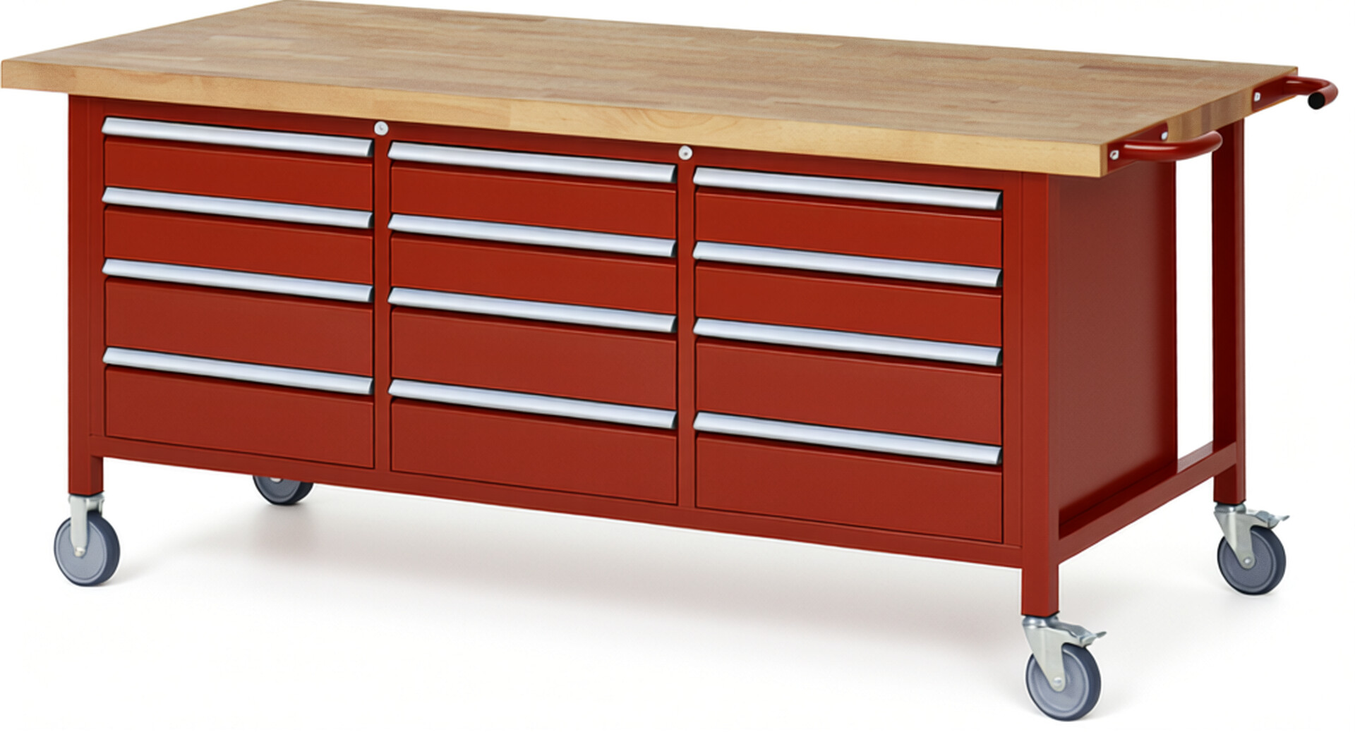 Fahrbare Werkbank Modell 8579 rot, BxTxH 2000x900x880 mm,  Buche-Massiv Arbeitsplatte 40 mm,  12 Schubladen mit  Vollauszug 100 % und  SoftClosing