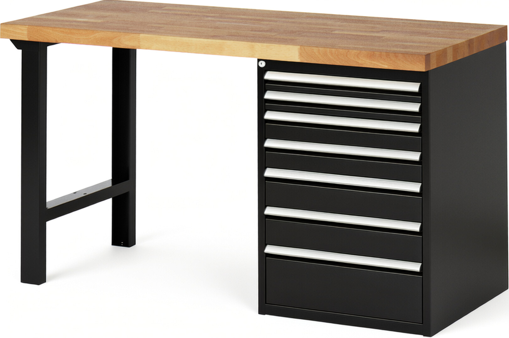 Werkbank Modell 7517 schwarz, BxTxH 1500x700x890 mm,  Buche-Massiv Arbeitsplatte 40 mm,  7 Schubladen mit  Auszug 90 %