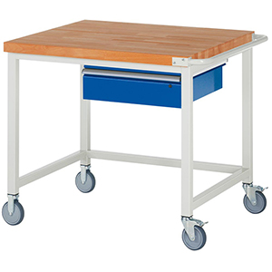 Fahrbare Werkbank, BxTxH 750x900x880 mm, Platte Buche 40 mm, 1 Schublade 150 mm, RAL 7035/5010