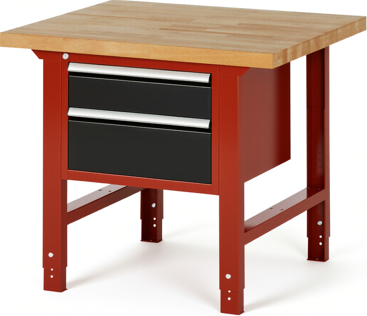 Werkbank Modell 7123 rot - schwarz, BxTxH 1000x900x790-1140 mm,  Buche-Massiv Arbeitsplatte 40 mm,  2 Schubladen mit  Auszug 90 %