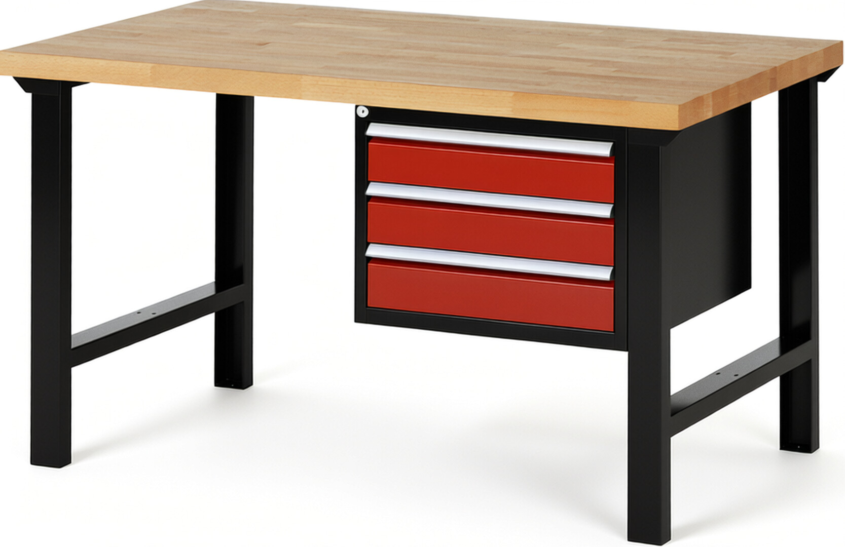 RAU Werkbank schwarz - rot - Breite 150 cm - Tiefe 90 cm - Höhe 84 cm - Buche-Massiv Arbeitsplatte 40 mm