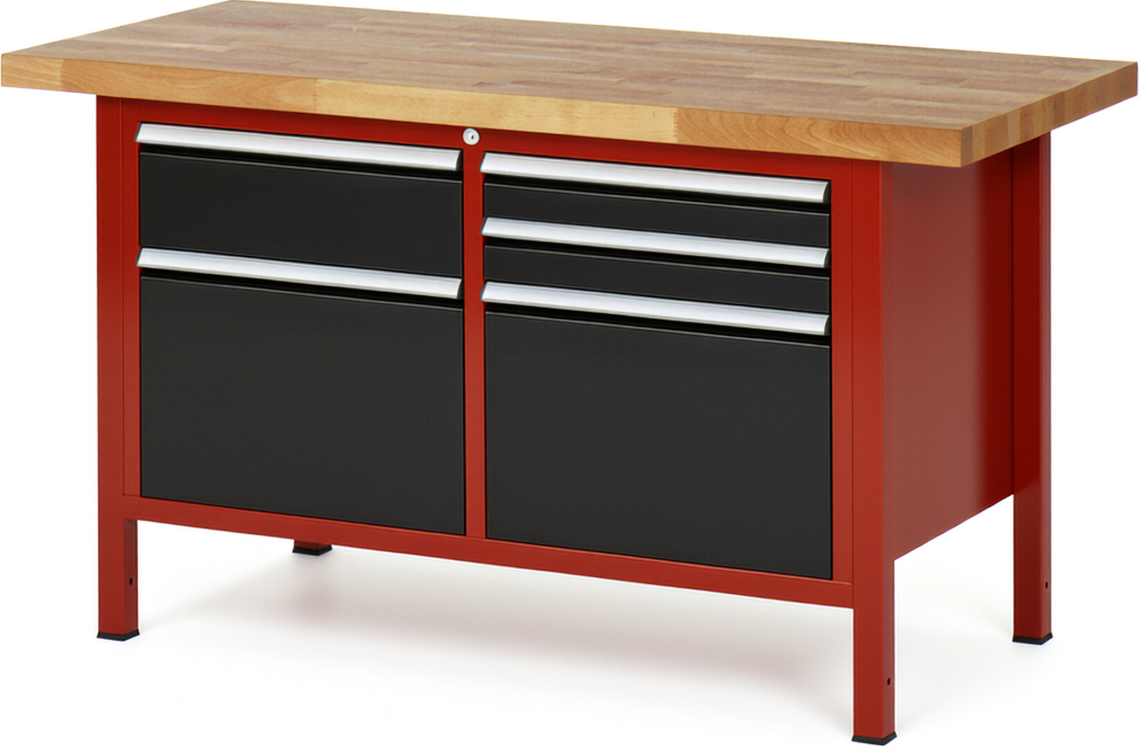 Werkbank Modell 8472 rot - schwarz, BxTxH 1500x700x840 mm,  Buche-Massiv Arbeitsplatte 40 mm,  5 Schubladen mit  Auszug 90 %