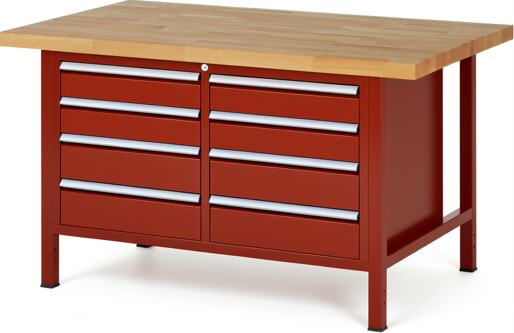 Werkbank Modell 8477 rot, BxTxH 1500x900x840 mm,  Buche-Massiv Arbeitsplatte 40 mm,  8 Schubladen mit  Auszug 90 %