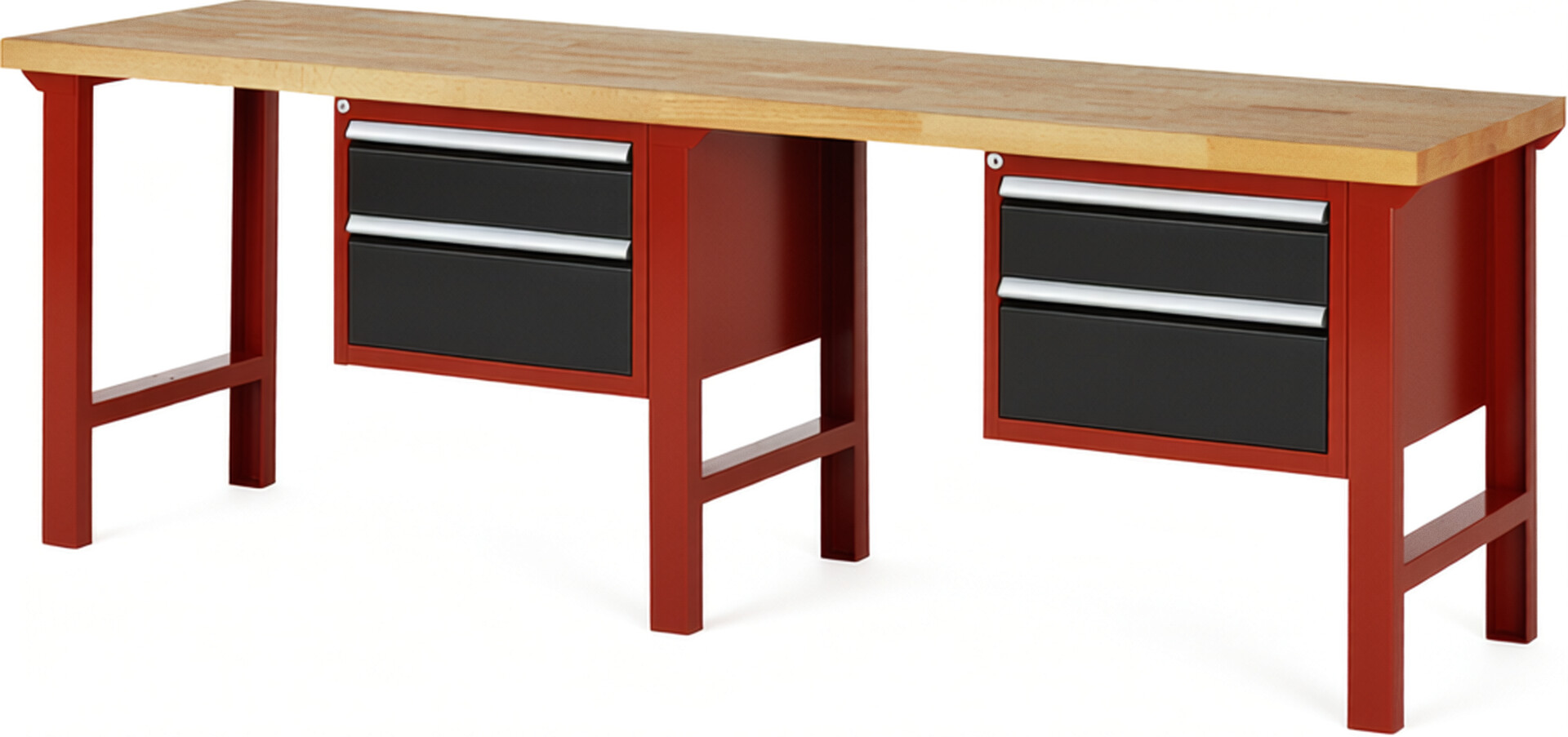 Werkbank Modell 7123 rot - schwarz, BxTxH 2500x700x840 mm,  Buche-Massiv Arbeitsplatte 40 mm,  4 Schubladen mit  Auszug 90 %