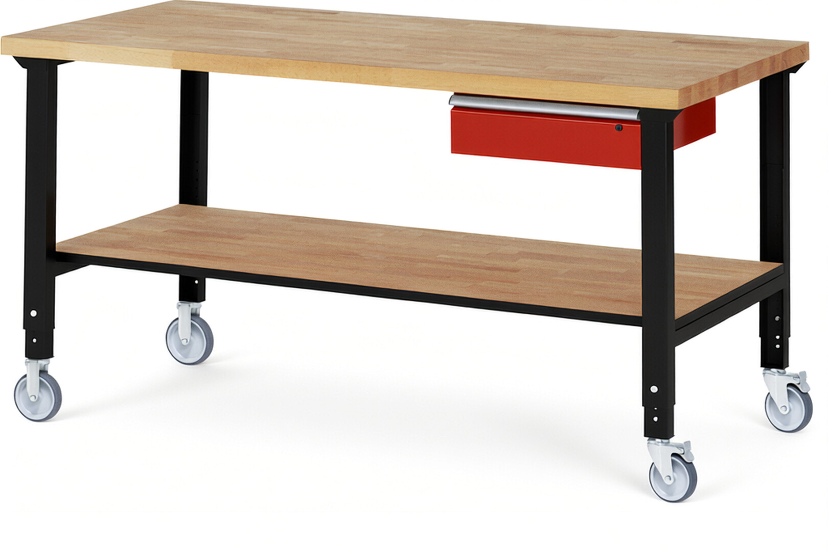 RAU Werkbank schwarz - rot - Breite 200 cm - Tiefe 90 cm - Höhe 100 cm - Buche-Massiv Arbeitsplatte 40 mm