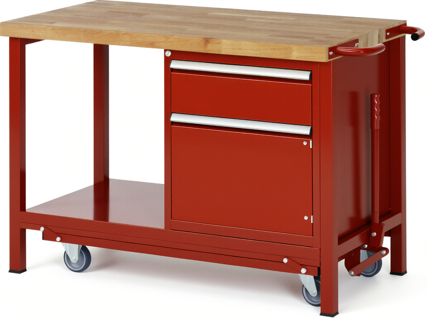 Absenkbare Werkbank Modell 8152 rot, BxTxH 1250x700x880 mm,  Buche-Massiv Arbeitsplatte 40 mm,  1 Schublade mit  Vollauszug 100 % und  SoftClosing