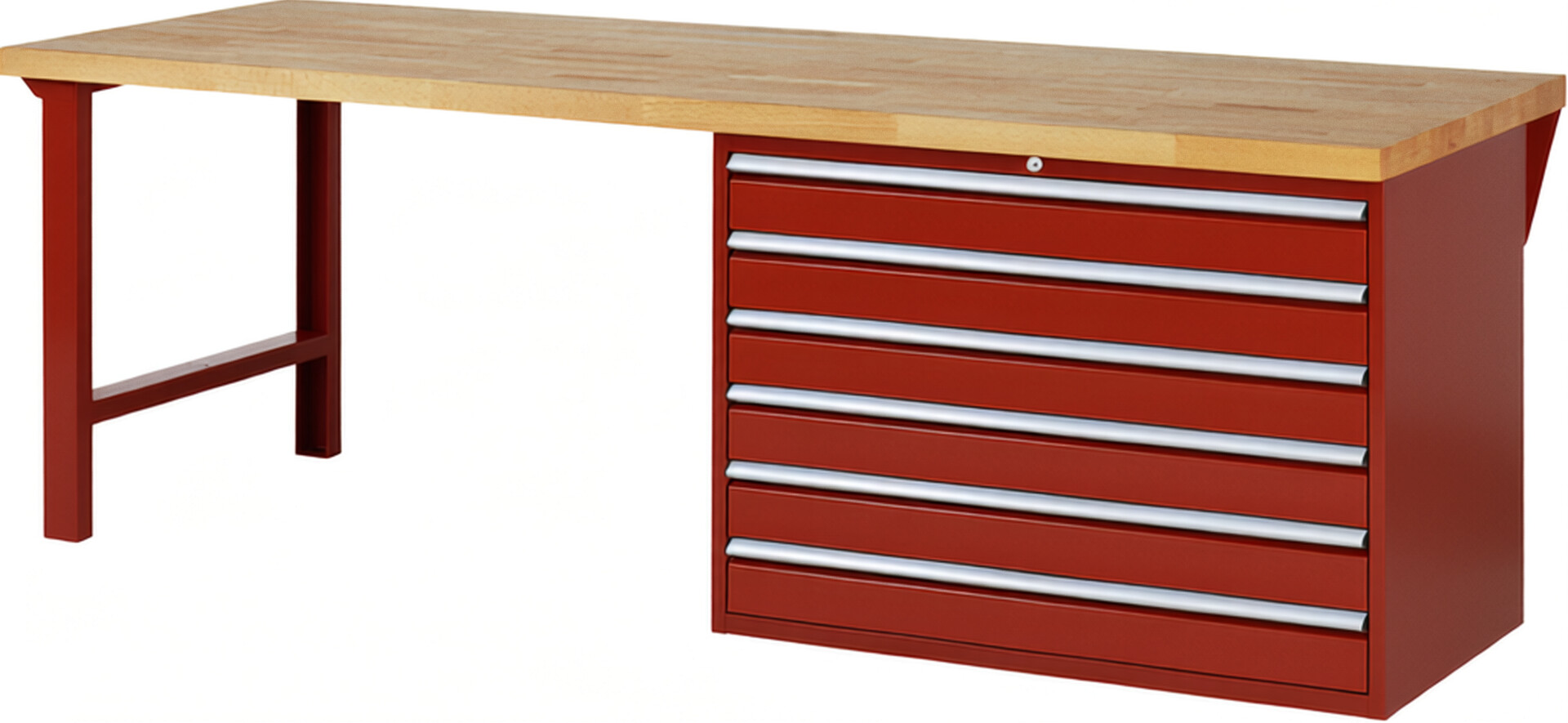 Werkbank Modell 7716 rot, BxTxH 2500x900x890 mm,  Buche-Massiv Arbeitsplatte 40 mm,  6 Schubladen mit  Auszug 90 %