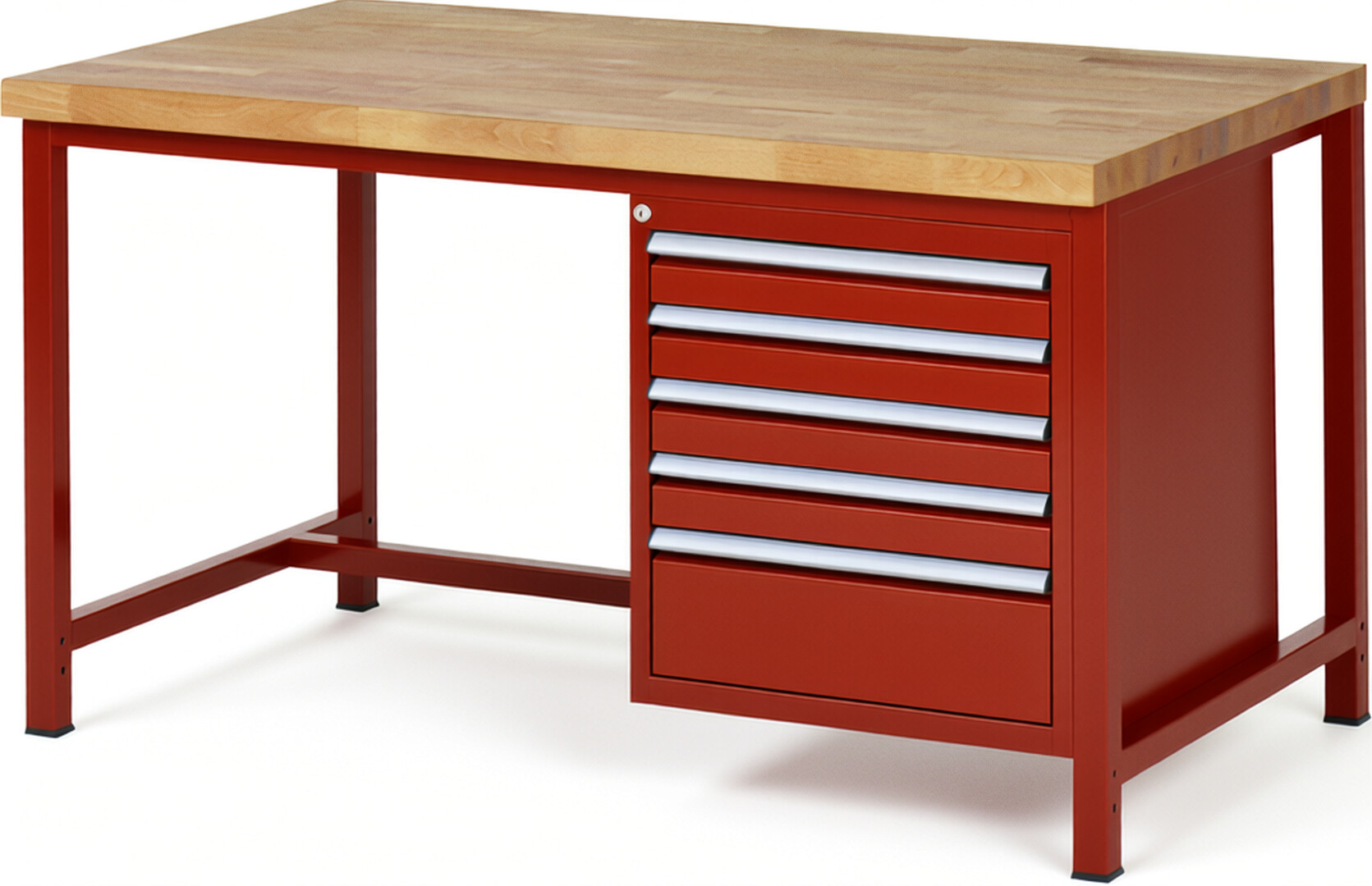 Werkbank Modell 8168 rot, BxTxH 1500x900x840 mm,  Buche-Massiv Arbeitsplatte 40 mm,  5 Schubladen mit  Auszug 90 %