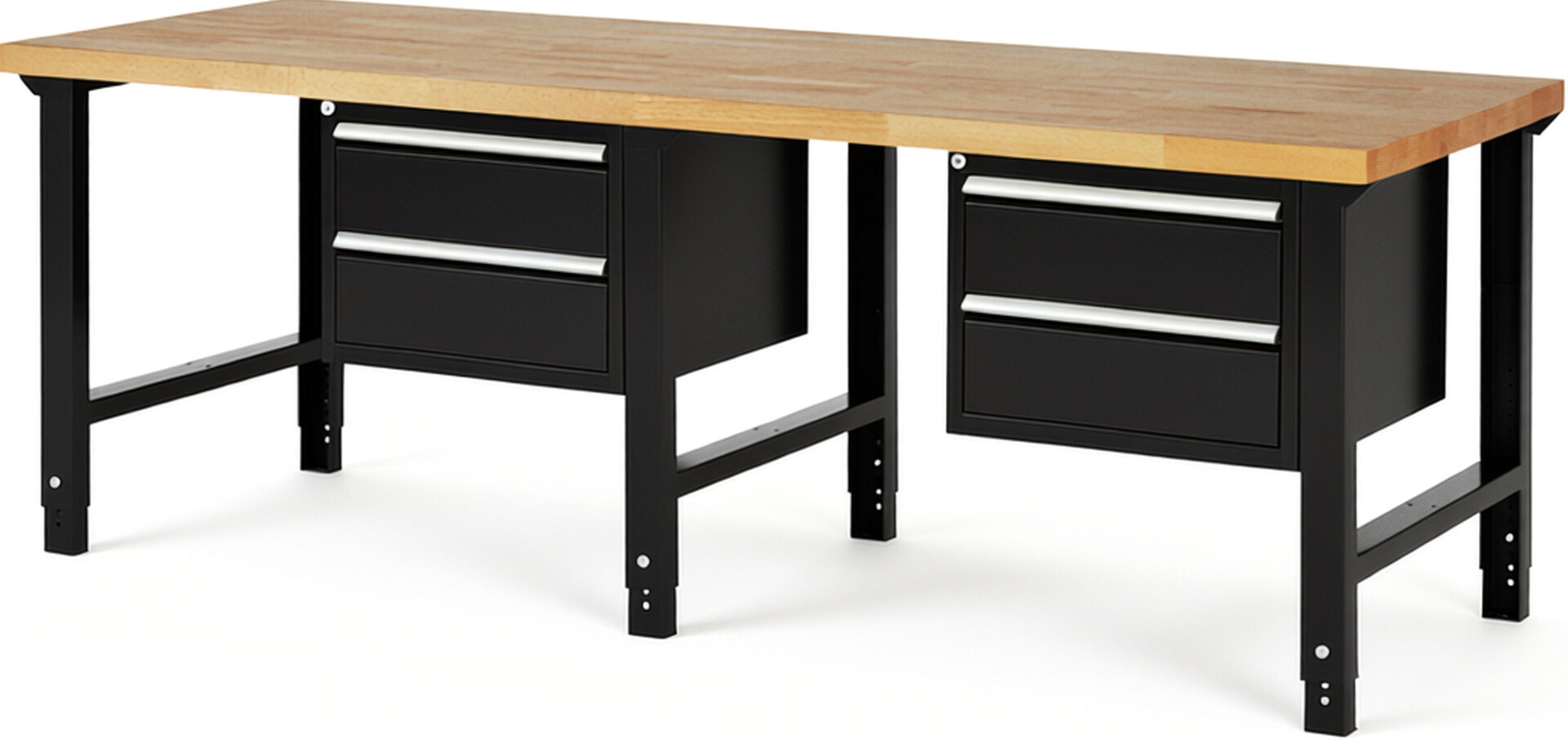 Werkbank Modell 7123 schwarz, BxTxH 2500x900x790-1140 mm,  Buche-Massiv Arbeitsplatte 40 mm,  4 Schubladen mit  Vollauszug 100 % und  SoftClosing