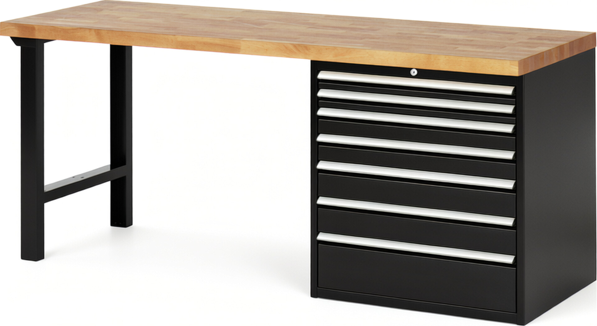 Werkbank Modell 7617 schwarz, BxTxH 2000x700x890 mm,  Buche-Massiv Arbeitsplatte 40 mm,  7 Schubladen mit  Auszug 90 %