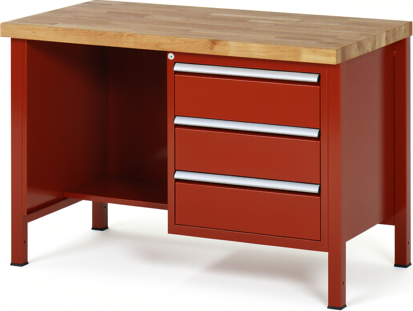 Werkbank Modell 8452 rot, BxTxH 1250x700x840 mm,  Buche-Massiv Arbeitsplatte 40 mm,  3 Schubladen mit  Vollauszug 100 % und  SoftClosing