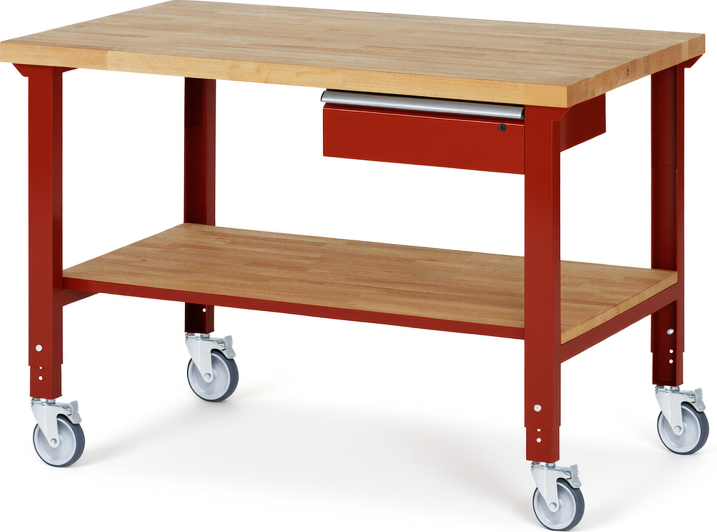 Fahrbare Werkbank Modell 7001 rot, BxTxH 1500x900x950-1000 mm,  Buche-Massiv Arbeitsplatte 40 mm,  1 Schublade mit  Auszug 90 %