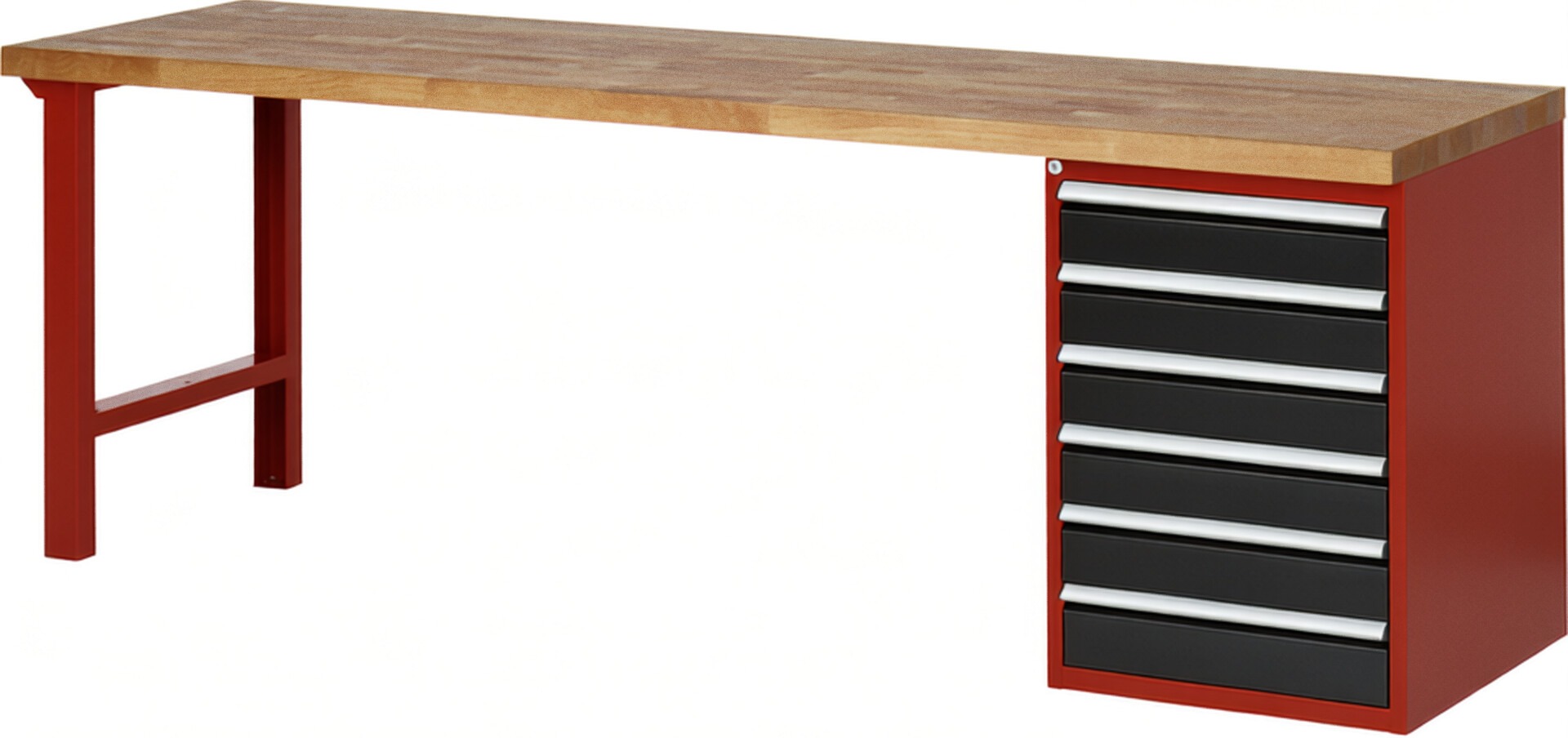 Werkbank Modell 7516 rot - schwarz, BxTxH 2500x700x840 mm,  Buche-Massiv Arbeitsplatte 40 mm,  6 Schubladen mit  Vollauszug 100 % und  SoftClosing