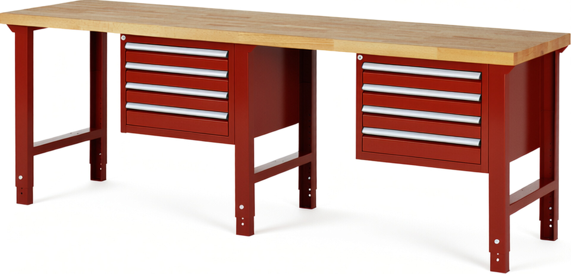 Werkbank Modell 7133 rot, BxTxH 2500x700x790-1140 mm,  Buche-Massiv Arbeitsplatte 40 mm,  8 Schubladen mit  Auszug 90 %