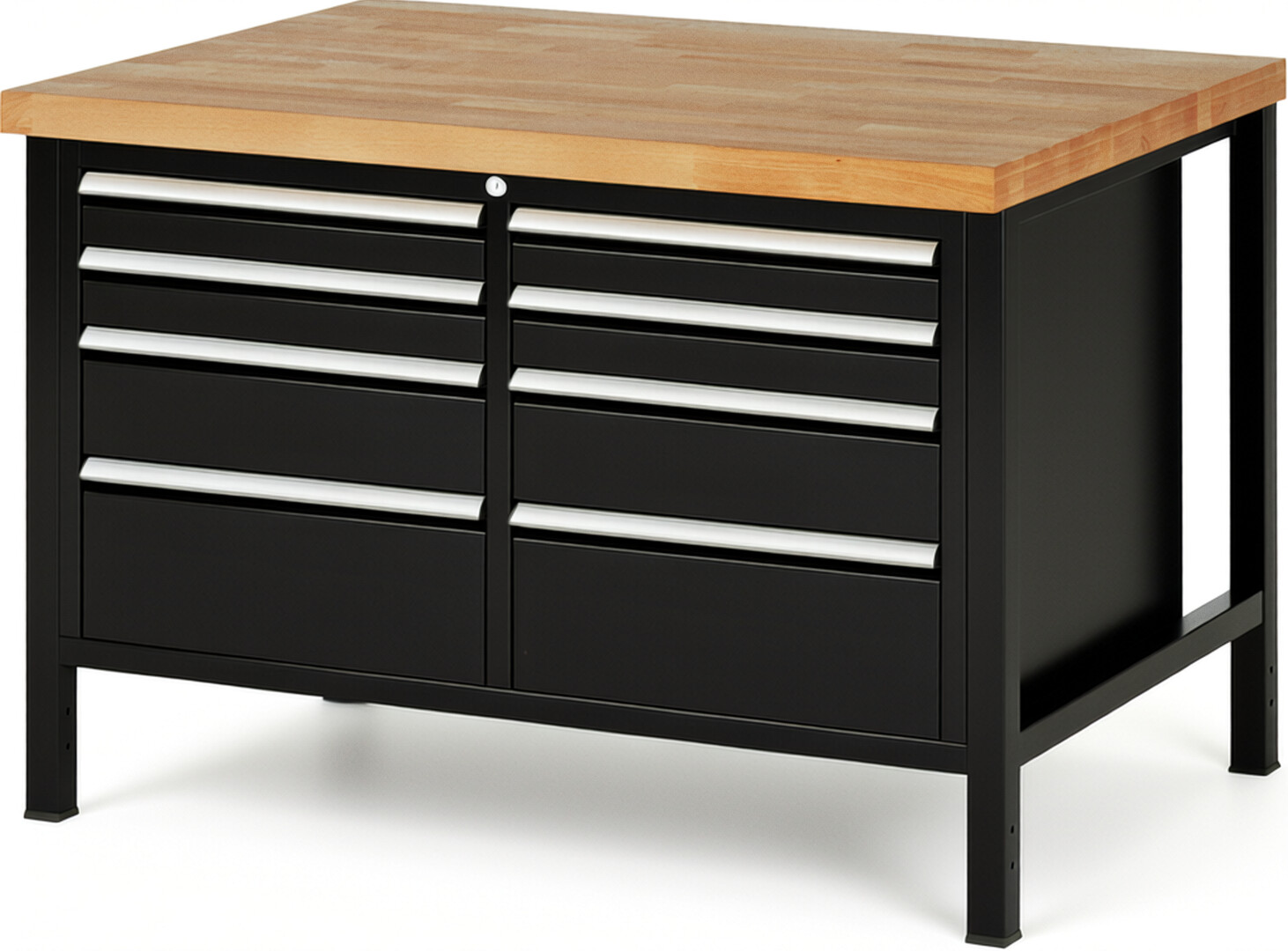 Werkbank Modell 8478 schwarz, BxTxH 1250x900x840 mm,  Buche-Massiv Arbeitsplatte 40 mm,  8 Schubladen mit  Vollauszug 100 % und  SoftClosing