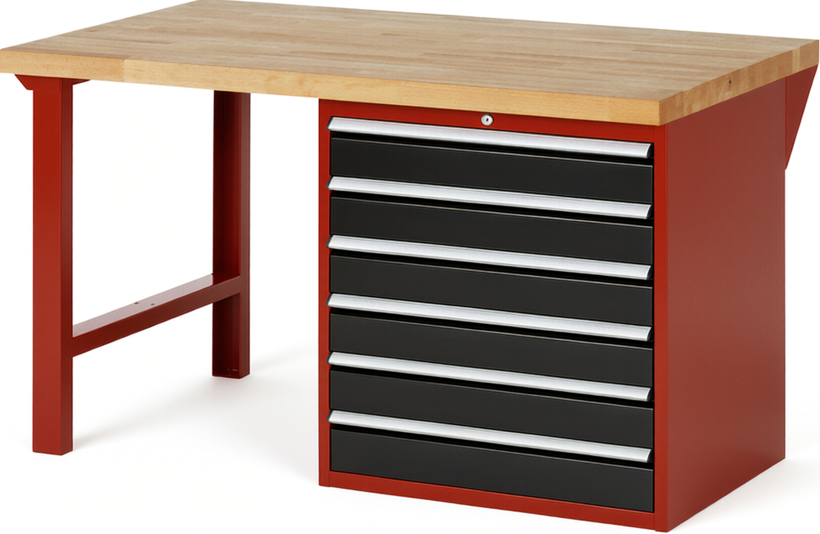 Werkbank Modell 7616 rot - schwarz, BxTxH 1500x900x840 mm,  Buche-Massiv Arbeitsplatte 40 mm,  6 Schubladen mit  Auszug 90 %