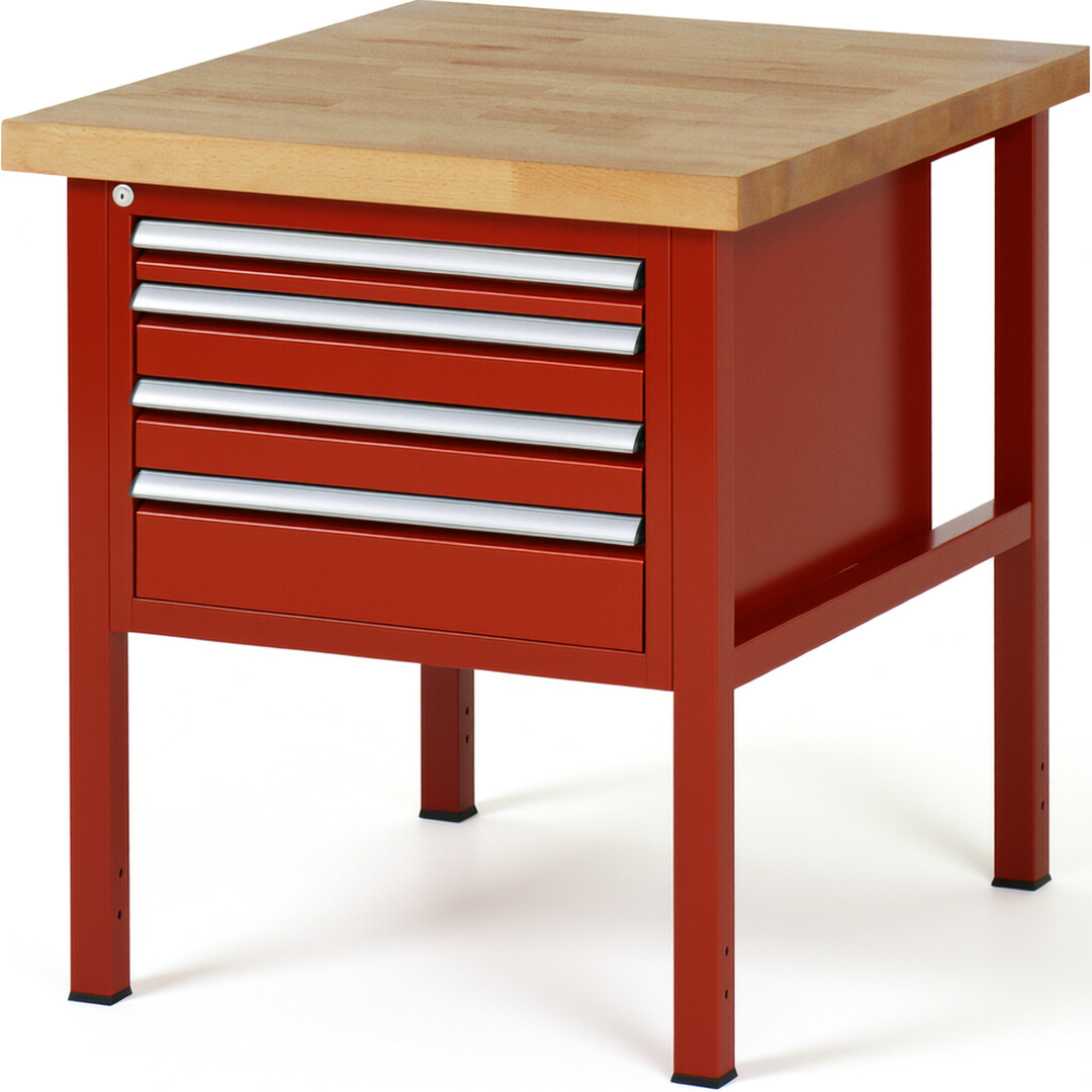 Werkbank Modell 8132 rot, BxTxH 750x900x840 mm,  Buche-Massiv Arbeitsplatte 40 mm,  4 Schubladen mit  Auszug 90 %