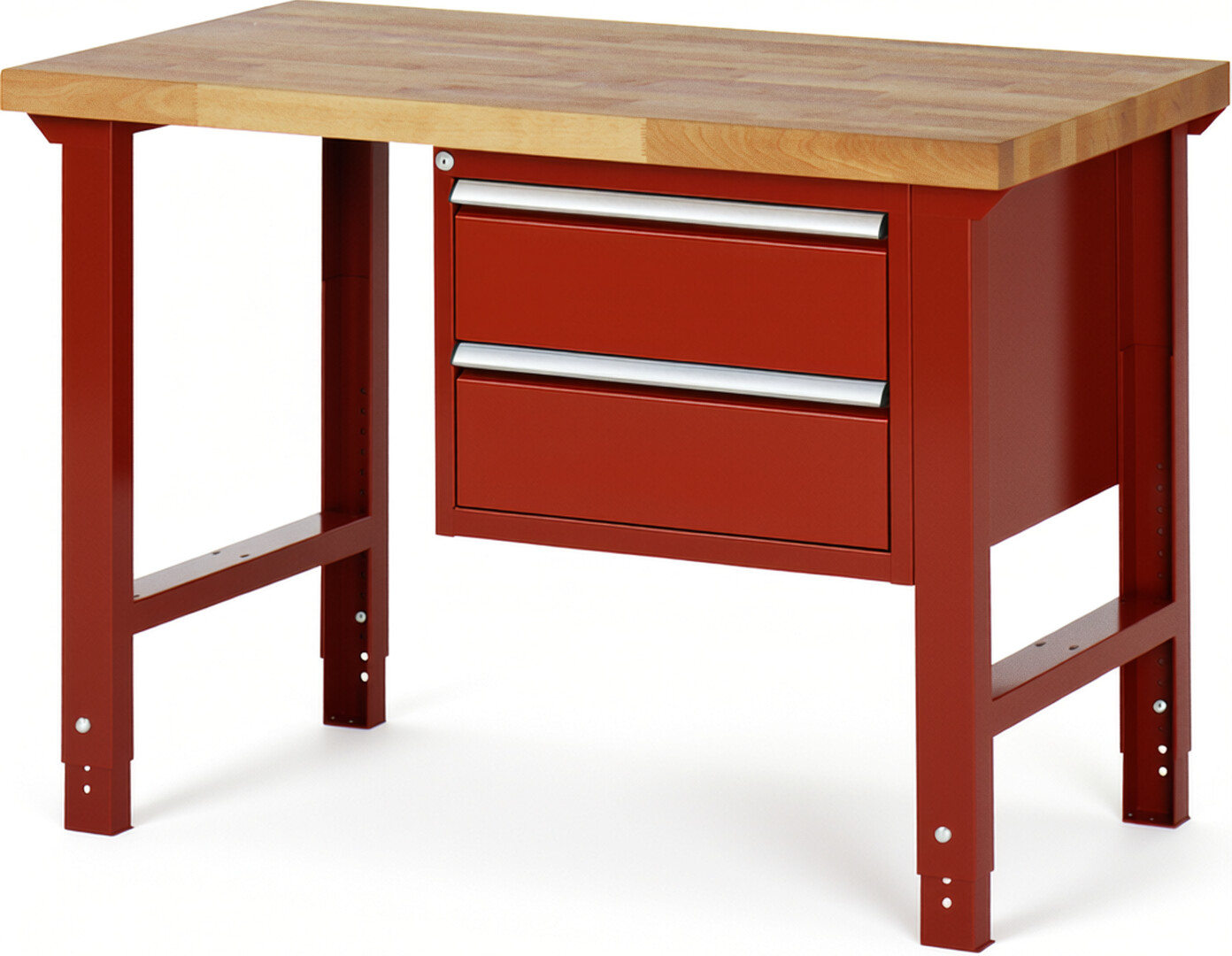 Werkbank Modell 7125 rot, BxTxH 1250x700x790-1140 mm,  Buche-Massiv Arbeitsplatte 40 mm,  2 Schubladen mit  Auszug 90 %