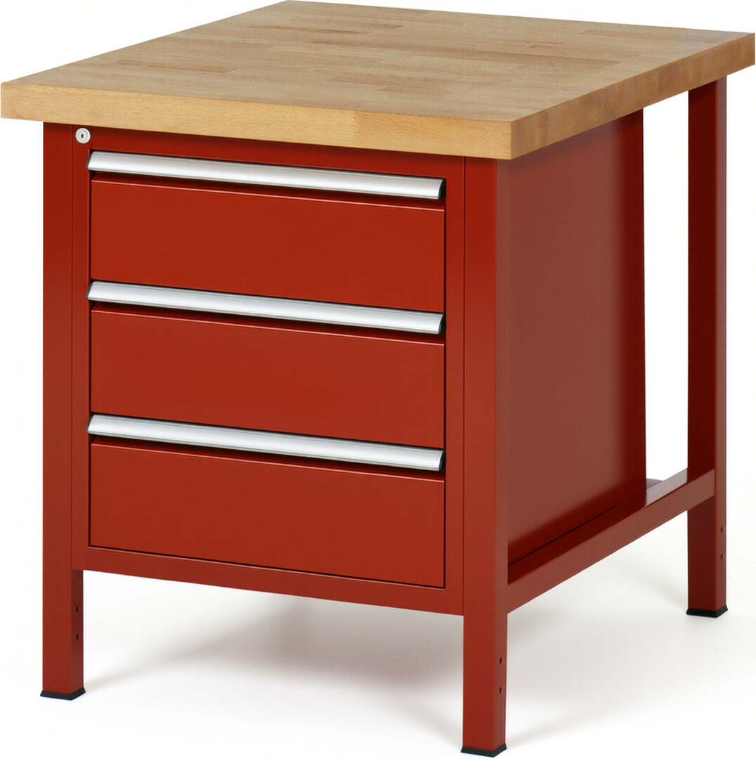 Werkbank Modell 8157 rot, BxTxH 750x900x840 mm,  Buche-Massiv Arbeitsplatte 40 mm,  3 Schubladen mit  Vollauszug 100 % und  SoftClosing