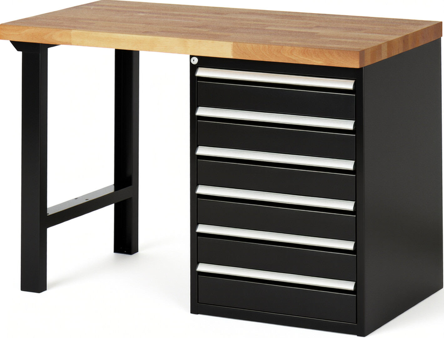 Werkbank Modell 7516 schwarz, BxTxH 1250x700x890 mm,  Buche-Massiv Arbeitsplatte 40 mm,  6 Schubladen mit  Vollauszug 100 % und  SoftClosing