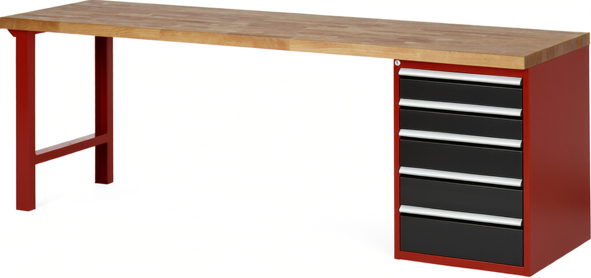 Werkbank Modell 7513 rot - schwarz, BxTxH 2500x700x890 mm,  Buche-Massiv Arbeitsplatte 40 mm,  5 Schubladen mit  Auszug 90 %